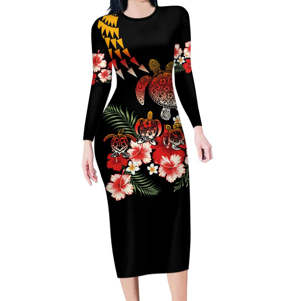Hawaiian Hibiscus Turtle and Tropical Flower Long Sleeve Bodycon Dress Dynamic Vibe LT03 Long Dress Black - Polynesian Pride