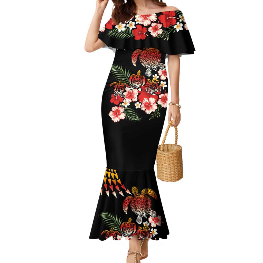 Hawaiian Hibiscus Turtle and Tropical Flower Mermaid Dress Dynamic Vibe LT03 Women Black - Polynesian Pride