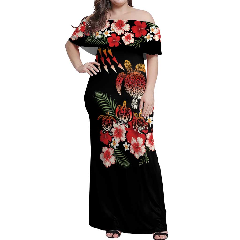 Hawaiian Hibiscus Turtle and Tropical Flower Off Shoulder Maxi Dress Dynamic Vibe LT03 Women Black - Polynesian Pride