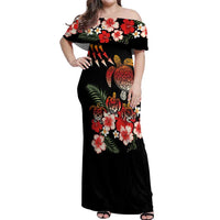Hawaiian Hibiscus Turtle and Tropical Flower Off Shoulder Maxi Dress Dynamic Vibe LT03 Women Black - Polynesian Pride