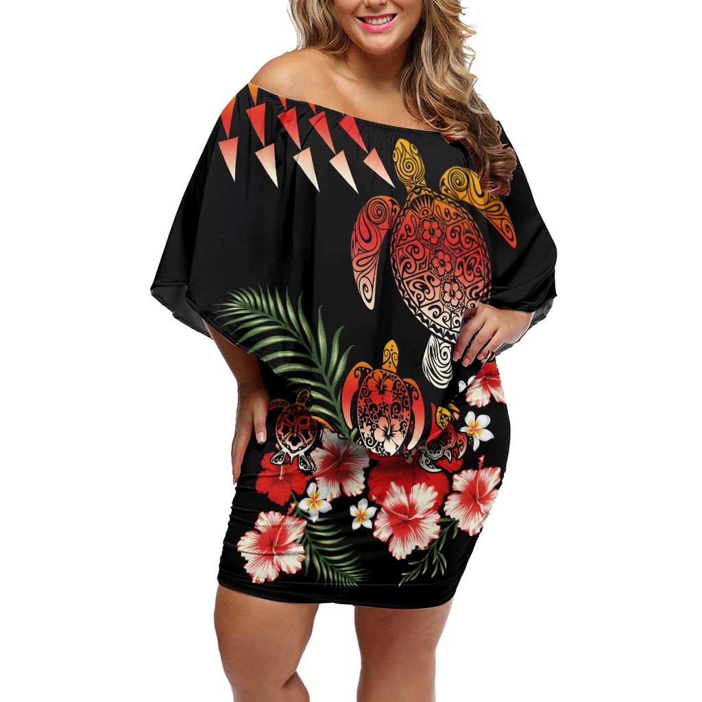 Hawaiian Hibiscus Turtle and Tropical Flower Off Shoulder Short Dress Dynamic Vibe LT03 Women Black - Polynesian Pride