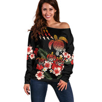 Hawaiian Hibiscus Turtle and Tropical Flower Off Shoulder Sweater Dynamic Vibe LT03 Women Black - Polynesian Pride