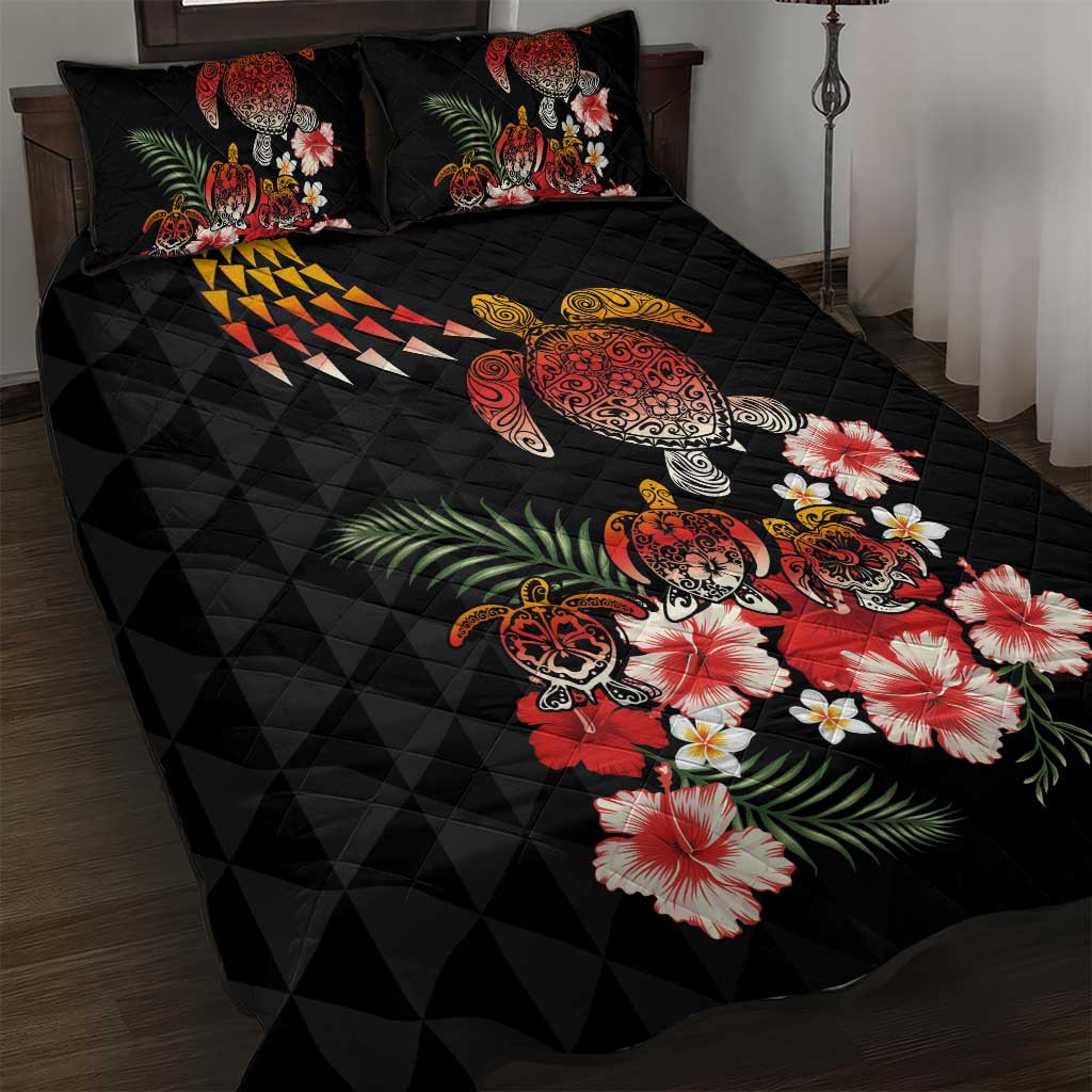 Hawaiian Hibiscus Turtle and Tropical Flower Quilt Bed Set Dynamic Vibe LT03 Black - Polynesian Pride