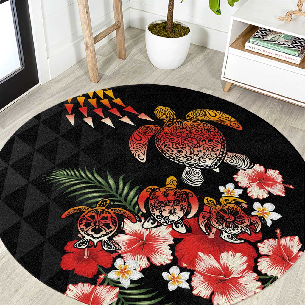 Hawaiian Hibiscus Turtle and Tropical Flower Round Carpet Dynamic Vibe LT03 Black - Polynesian Pride