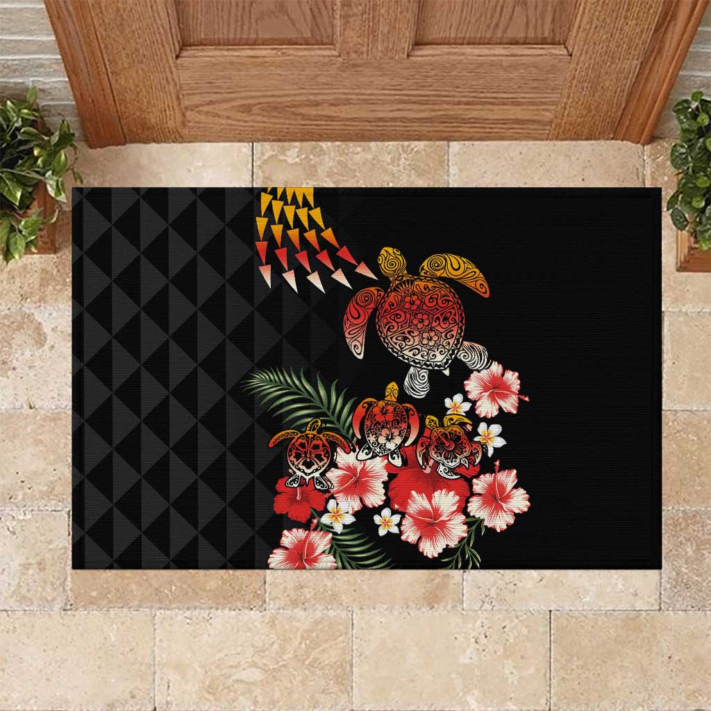 Hawaiian Hibiscus Turtle and Tropical Flower Rubber Doormat Dynamic Vibe LT03 Black - Polynesian Pride