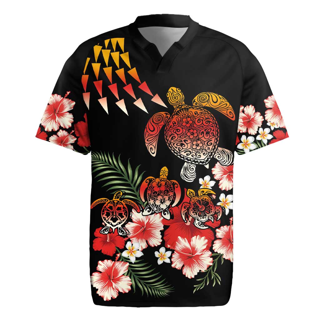 Hawaiian Hibiscus Turtle and Tropical Flower Rugby Jersey Dynamic Vibe LT03 Black - Polynesian Pride