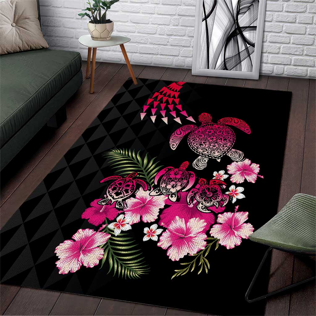 Hawaiian Hibiscus Turtle and Tropical Flower Area Rug Sweet Vibe LT03 Black - Polynesian Pride
