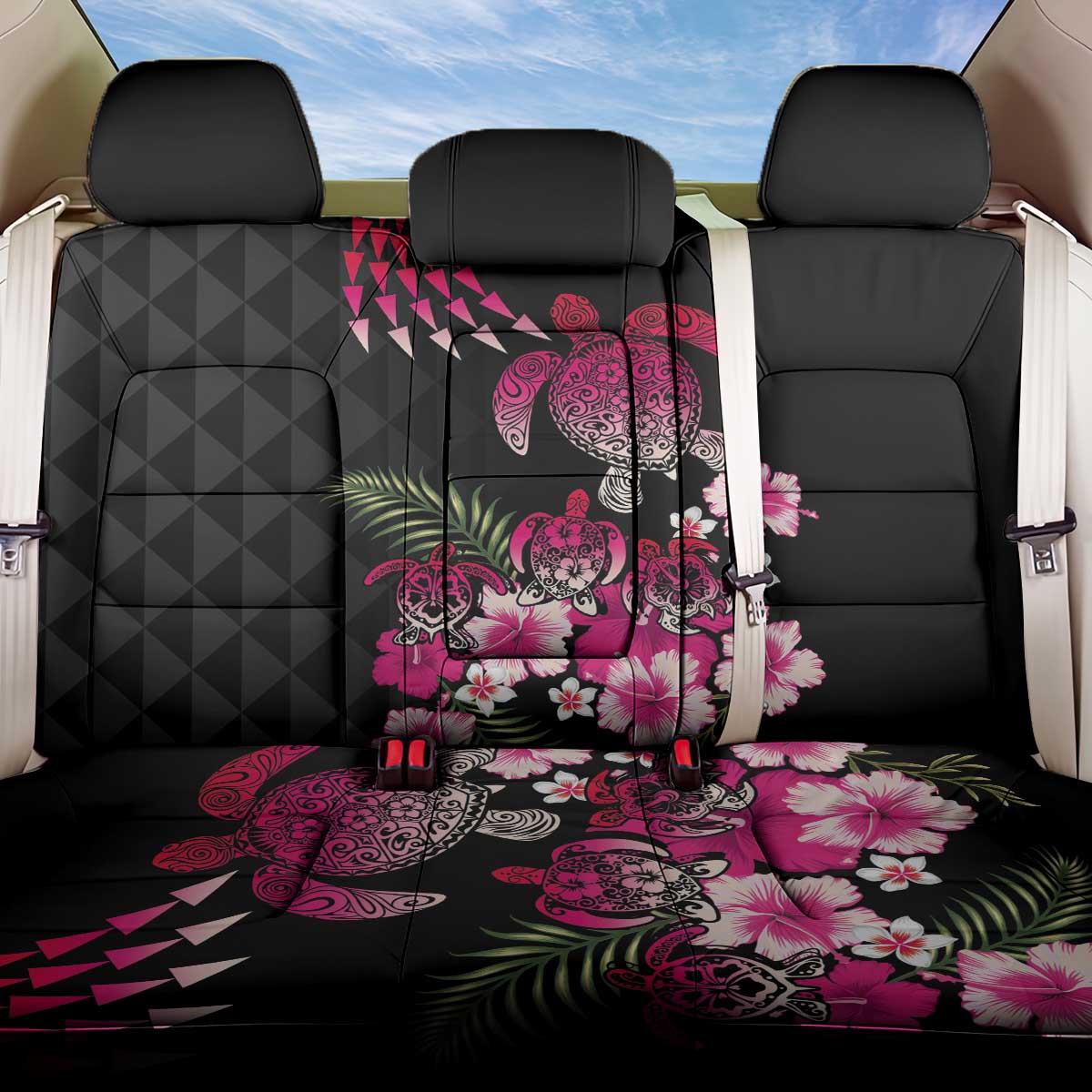 Hawaiian Hibiscus Turtle and Tropical Flower Back Car Seat Cover Sweet Vibe LT03 One Size Black - Polynesian Pride