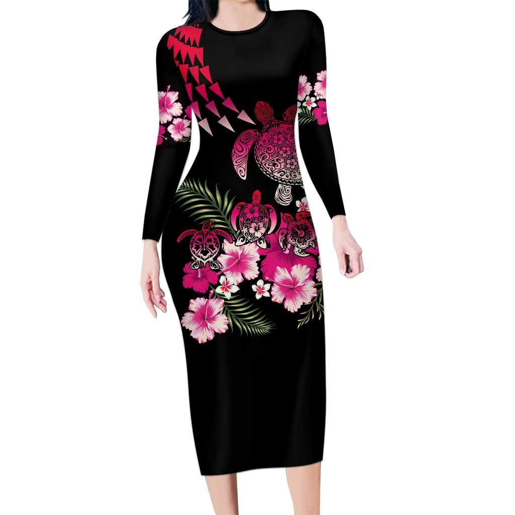 Hawaiian Hibiscus Turtle and Tropical Flower Long Sleeve Bodycon Dress Sweet Vibe LT03 Long Dress Black - Polynesian Pride