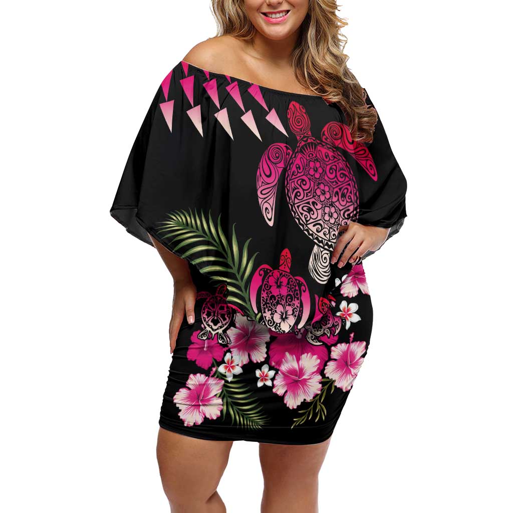 Hawaiian Hibiscus Turtle and Tropical Flower Off Shoulder Short Dress Sweet Vibe LT03 Women Black - Polynesian Pride