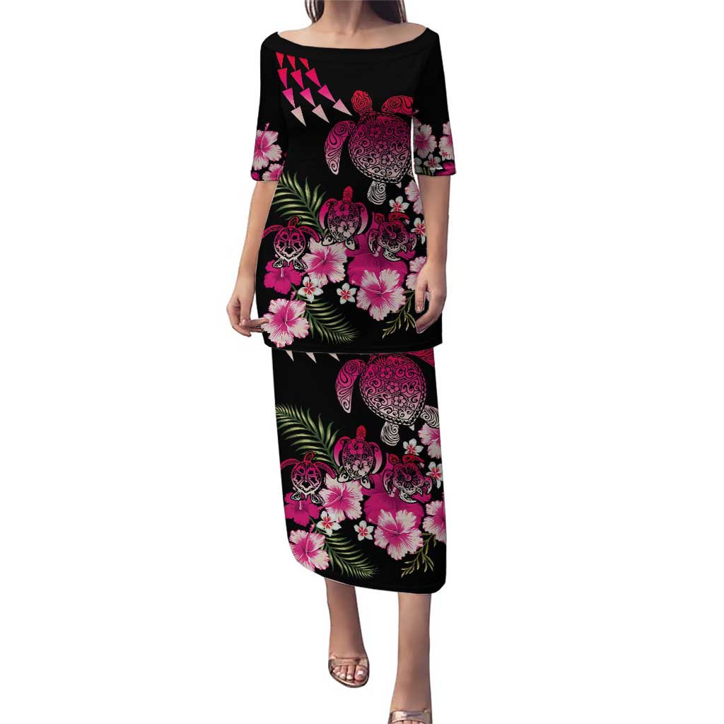 Hawaiian Hibiscus Turtle and Tropical Flower Puletasi Sweet Vibe LT03 Long Dress Black - Polynesian Pride