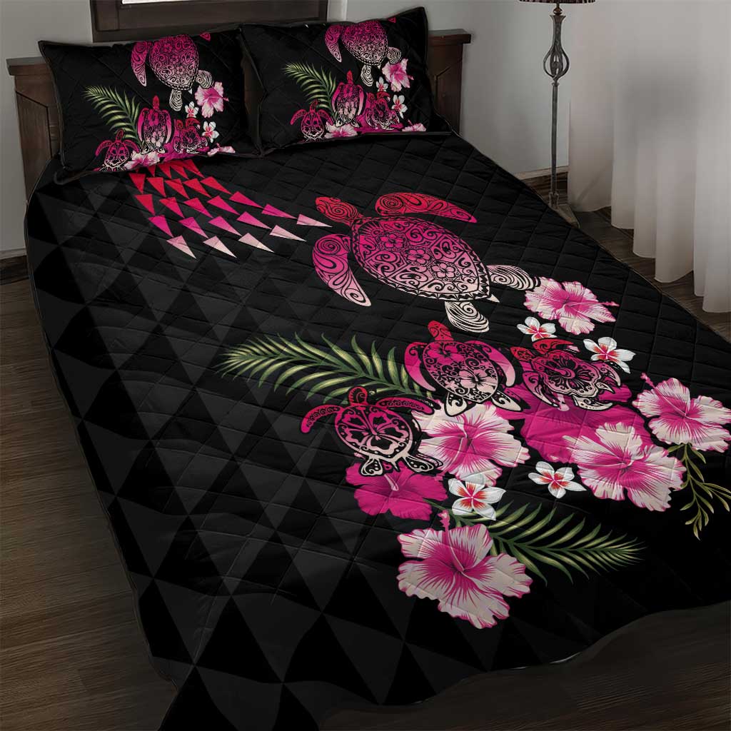 Hawaiian Hibiscus Turtle and Tropical Flower Quilt Bed Set Sweet Vibe LT03 Black - Polynesian Pride