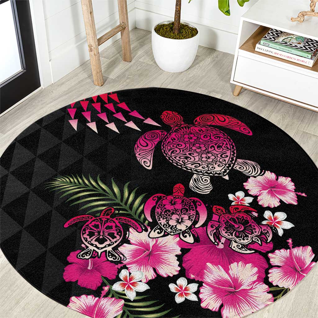 Hawaiian Hibiscus Turtle and Tropical Flower Round Carpet Sweet Vibe LT03 Black - Polynesian Pride