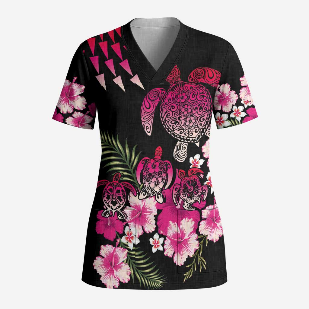 Hawaiian Hibiscus Turtle and Tropical Flower Scrub Top Sweet Vibe LT03 Adult Black - Polynesian Pride