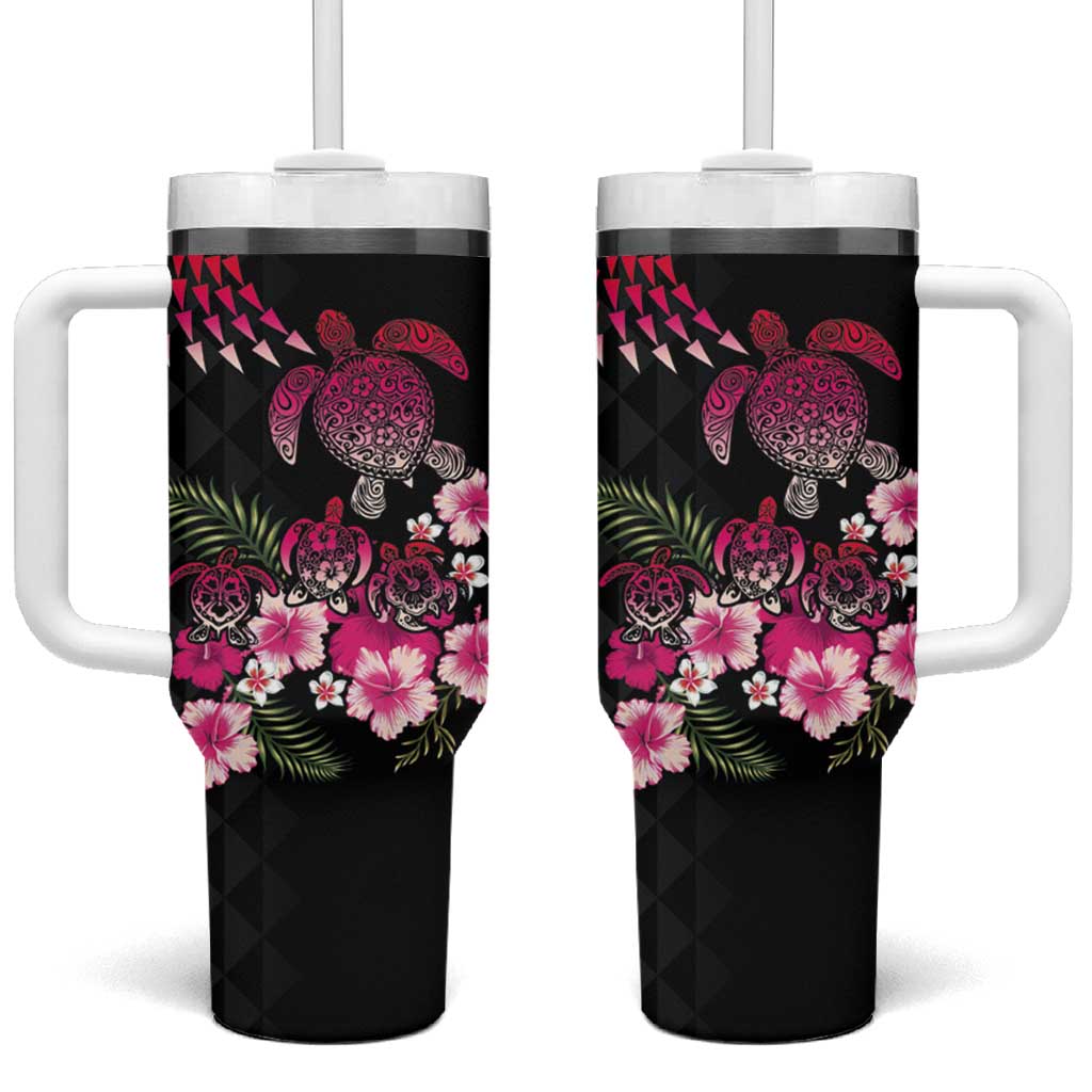 Hawaiian Hibiscus Turtle and Tropical Flower Tumbler With Handle Sweet Vibe LT03 One Size: 40 oz Black - Polynesian Pride