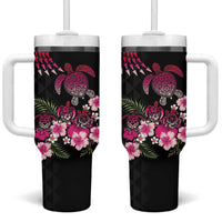 Hawaiian Hibiscus Turtle and Tropical Flower Tumbler With Handle Sweet Vibe LT03 One Size: 40 oz Black - Polynesian Pride