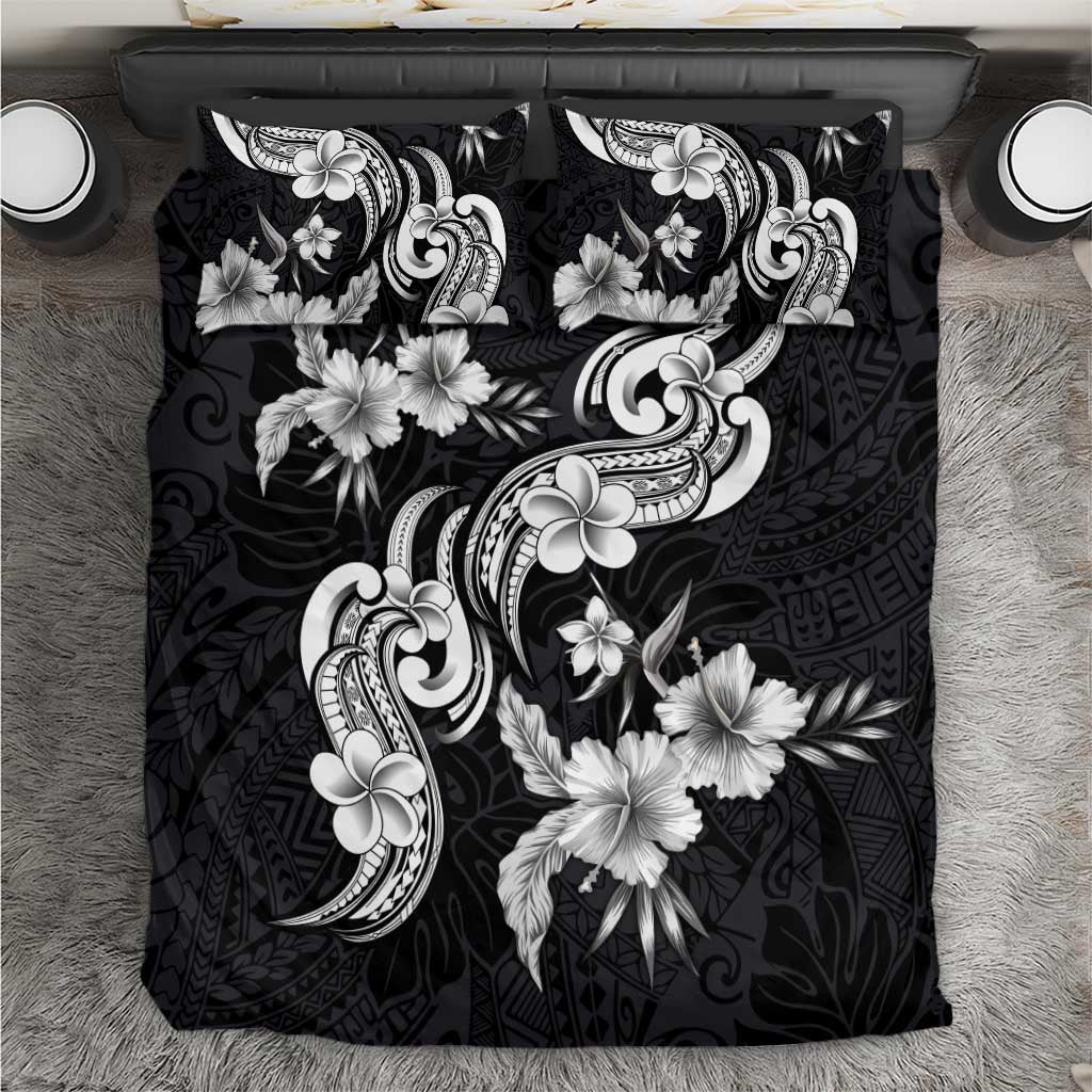 Hawaiian-Polynesian Art Tattoo Bedding Set Hibiscus and Plumeria Grayscale LT03 Black - Polynesian Pride