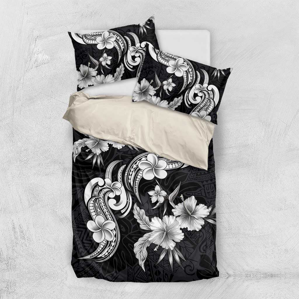 Hawaiian-Polynesian Art Tattoo Bedding Set Hibiscus and Plumeria Grayscale LT03 US Twin 172cm x 218cm Black - Polynesian Pride