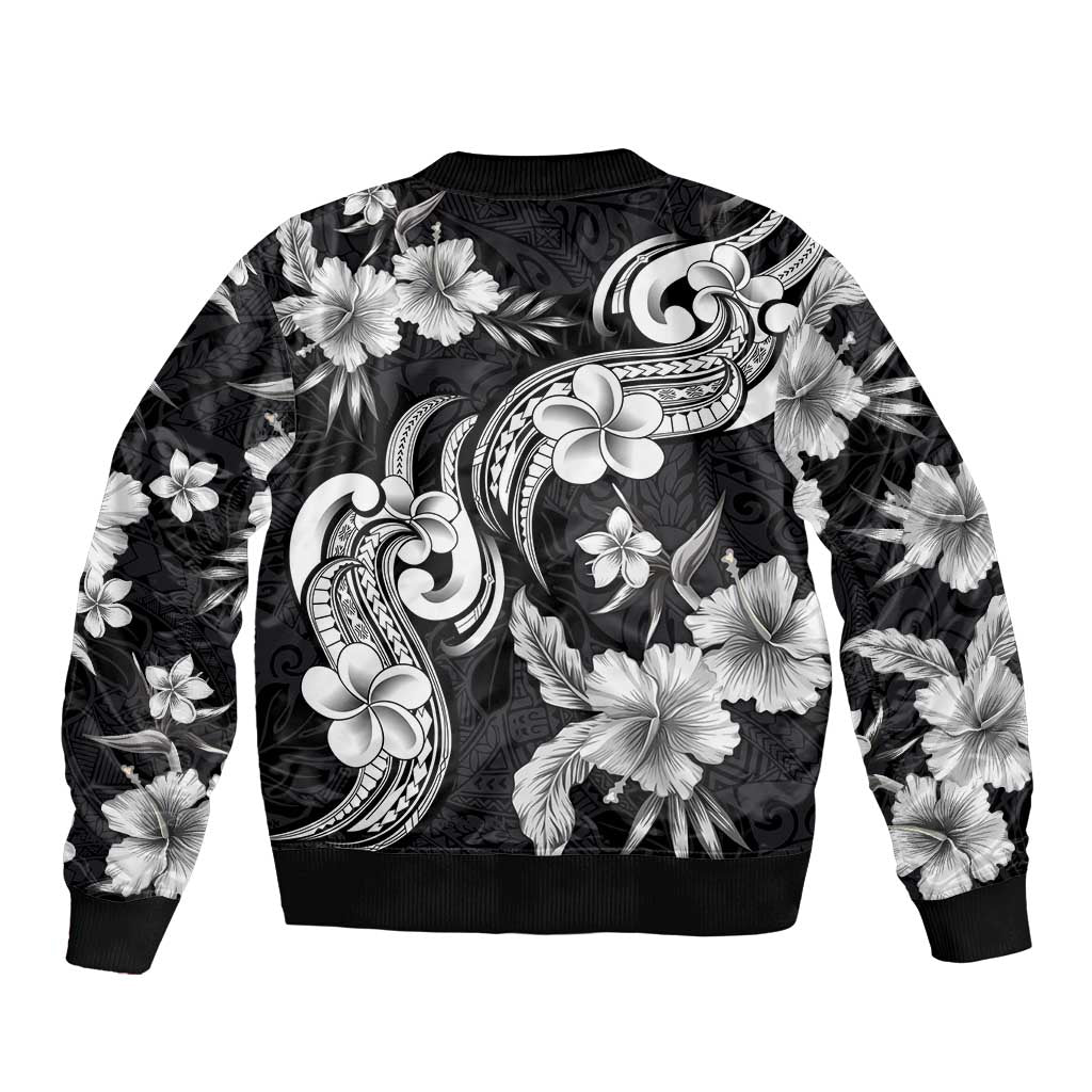 Hawaiian-Polynesian Art Tattoo Bomber Jacket Hibiscus and Plumeria Grayscale LT03 - Polynesian Pride