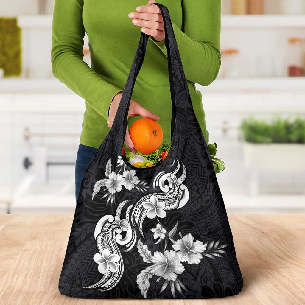 Hawaiian-Polynesian Art Tattoo Grocery Bag Hibiscus and Plumeria Grayscale LT03 - Polynesian Pride
