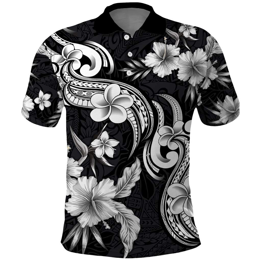 Hawaiian-Polynesian Art Tattoo Polo Shirt Hibiscus and Plumeria Grayscale LT03 Black - Polynesian Pride