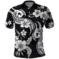 Hawaiian-Polynesian Art Tattoo Polo Shirt Hibiscus and Plumeria Grayscale LT03 Black - Polynesian Pride