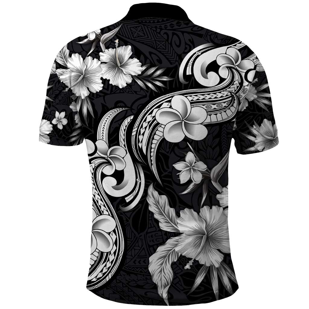 Hawaiian-Polynesian Art Tattoo Polo Shirt Hibiscus and Plumeria Grayscale LT03 - Polynesian Pride