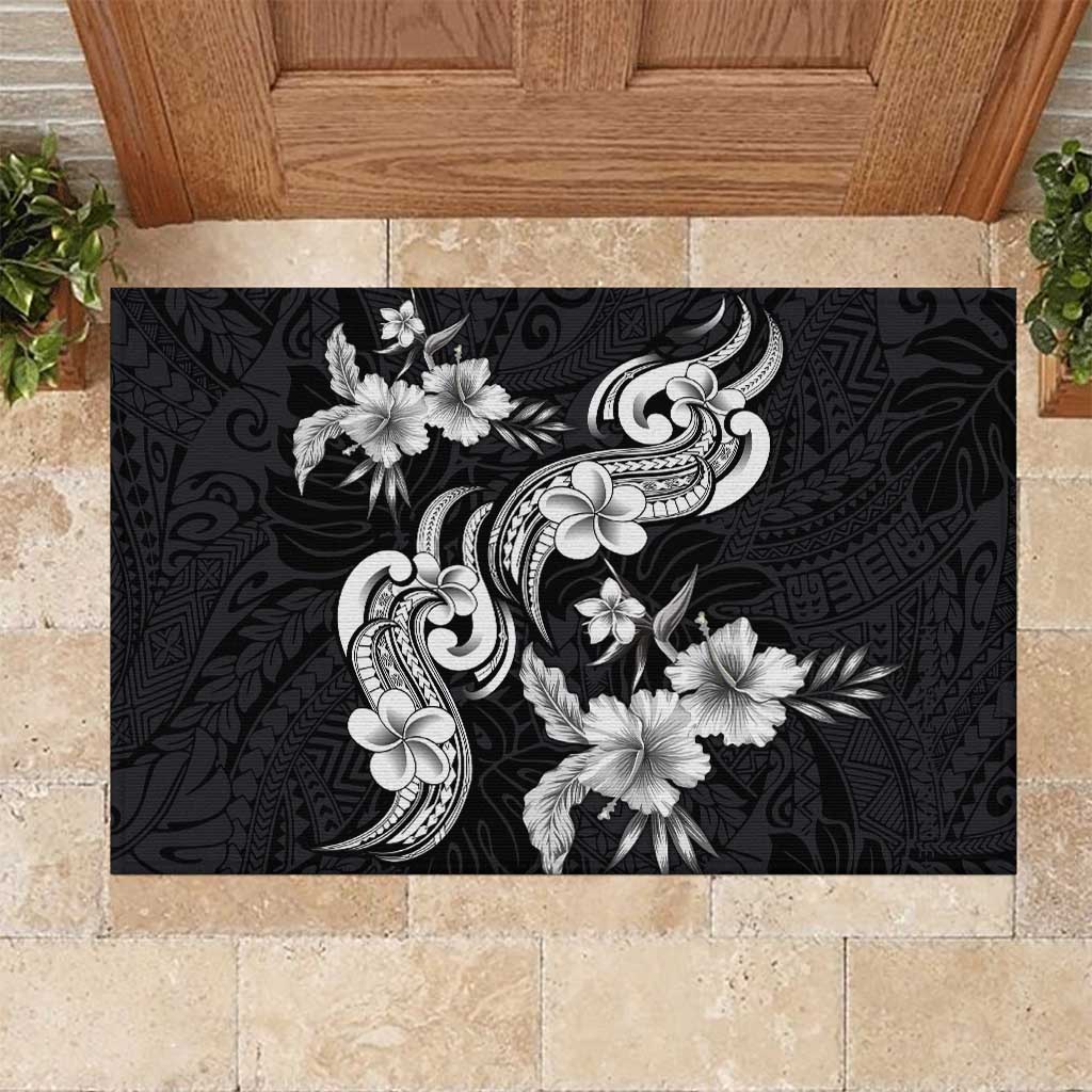 Hawaiian-Polynesian Art Tattoo Rubber Doormat Hibiscus and Plumeria Grayscale LT03 Black - Polynesian Pride