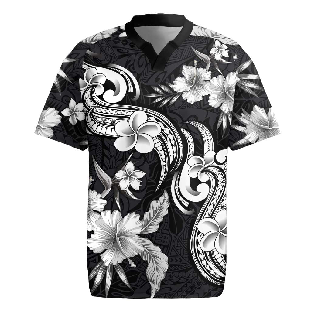 Hawaiian-Polynesian Art Tattoo Rugby Jersey Hibiscus and Plumeria Grayscale LT03 Black - Polynesian Pride