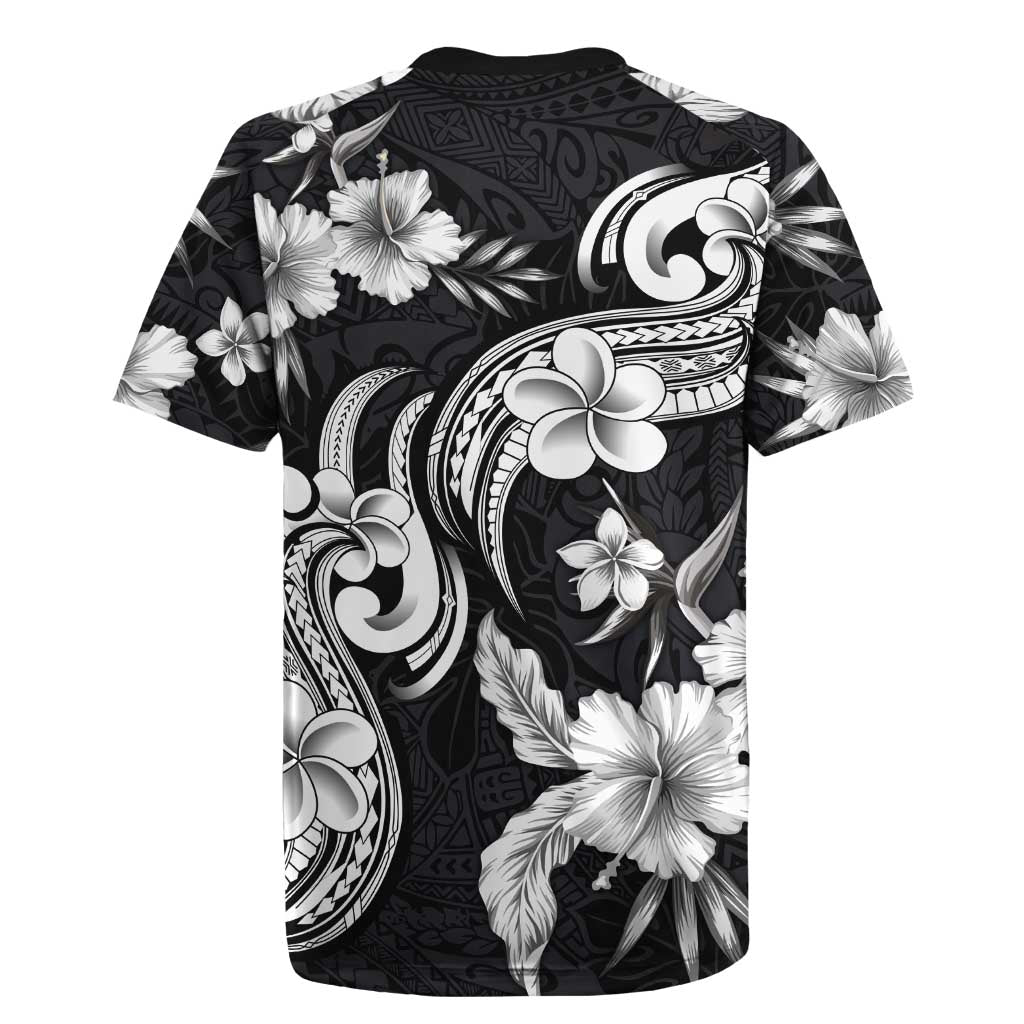 Hawaiian-Polynesian Art Tattoo Rugby Jersey Hibiscus and Plumeria Grayscale LT03 - Polynesian Pride