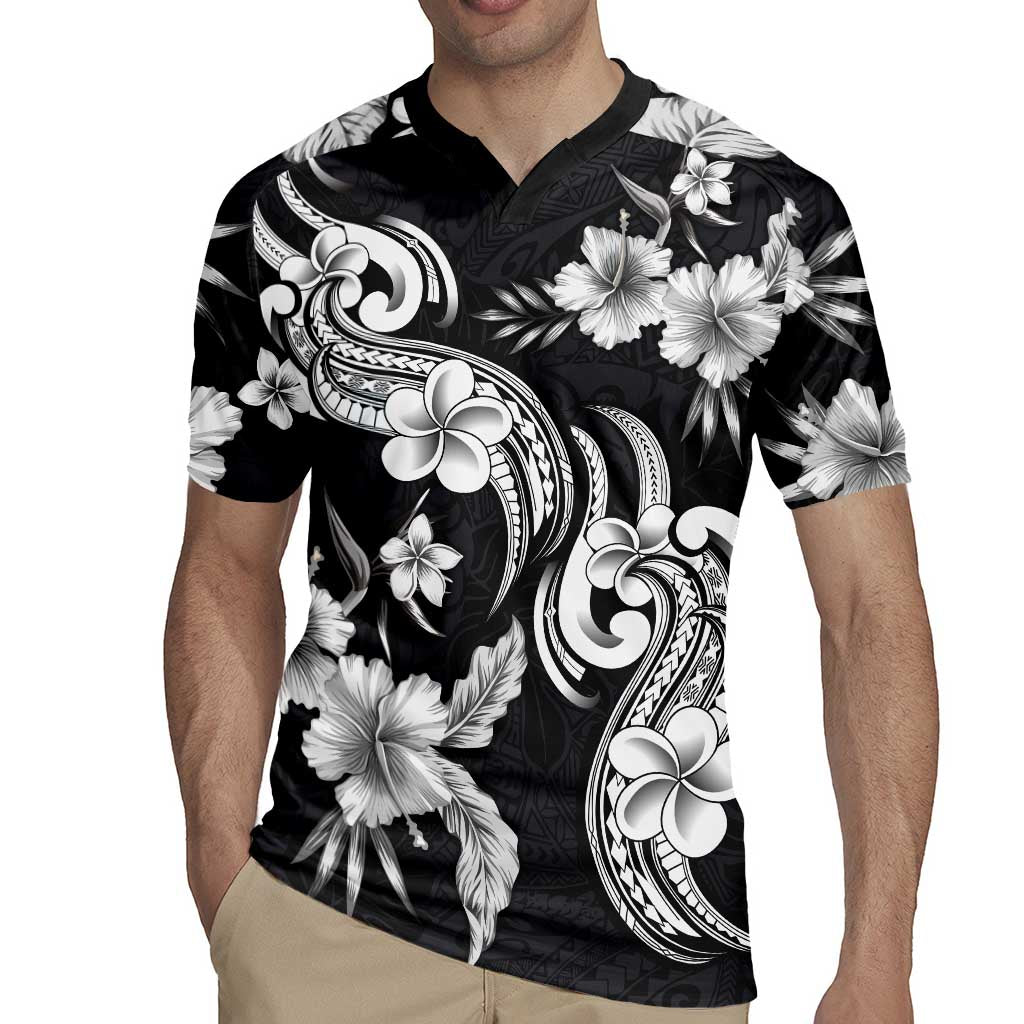 Hawaiian-Polynesian Art Tattoo Rugby Jersey Hibiscus and Plumeria Grayscale LT03 - Polynesian Pride