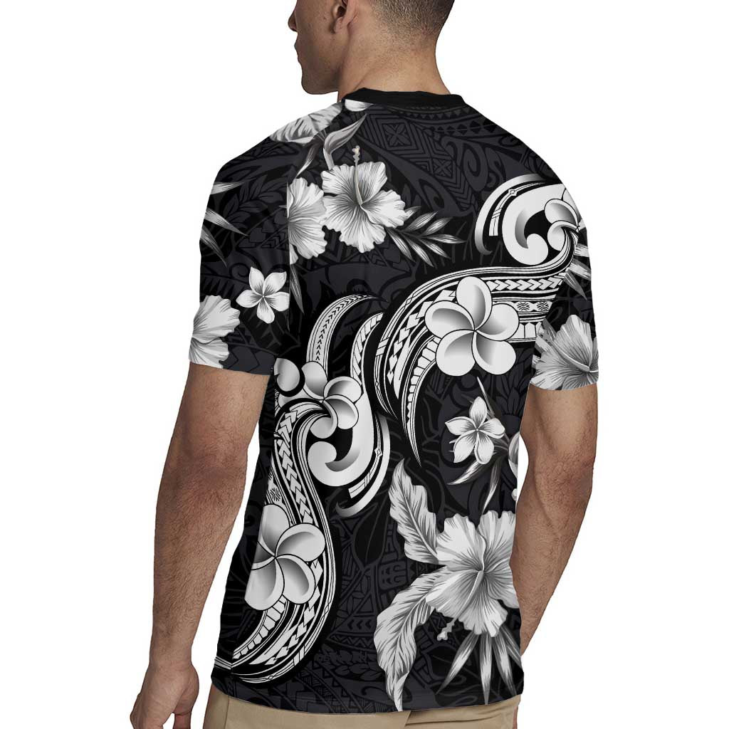 Hawaiian-Polynesian Art Tattoo Rugby Jersey Hibiscus and Plumeria Grayscale LT03 - Polynesian Pride