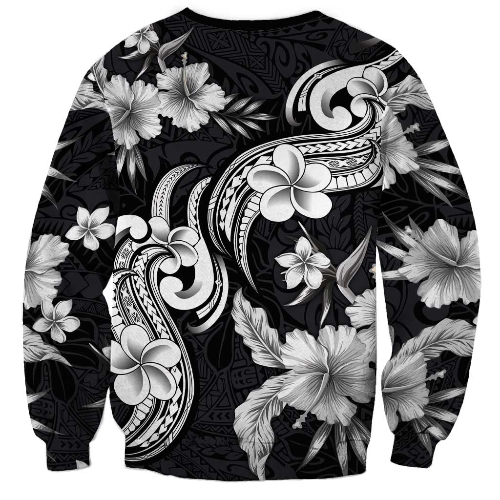 Hawaiian-Polynesian Art Tattoo Sweatshirt Hibiscus and Plumeria Grayscale LT03 - Polynesian Pride