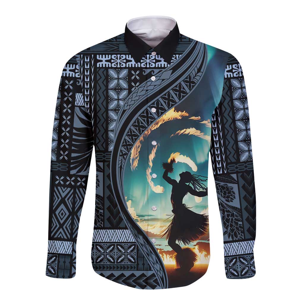 Samoan Siapo Motif and Siva Afi Dance Long Sleeve Button Shirt LT03 Unisex Blue - Polynesian Pride