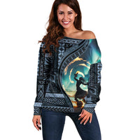Samoan Siapo Motif and Siva Afi Dance Off Shoulder Sweater LT03 Women Blue - Polynesian Pride