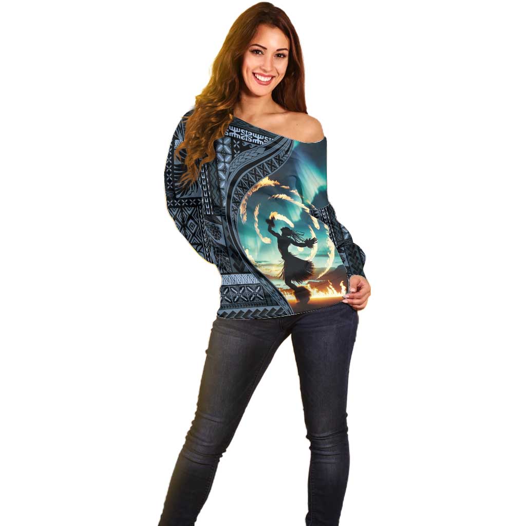 Samoan Siapo Motif and Siva Afi Dance Off Shoulder Sweater LT03 - Polynesian Pride