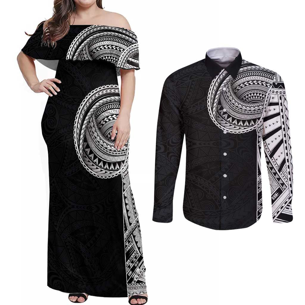 Samoan Art Tattoo Polynesian Pattern Couples Matching Off Shoulder Maxi Dress and Long Sleeve Button Shirt LT03 Black - Polynesian Pride