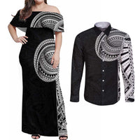Samoan Art Tattoo Polynesian Pattern Couples Matching Off Shoulder Maxi Dress and Long Sleeve Button Shirt LT03 Black - Polynesian Pride