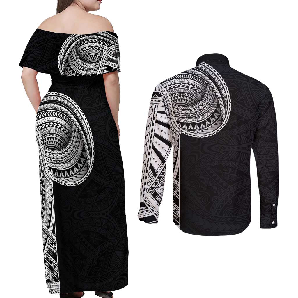 Samoan Art Tattoo Polynesian Pattern Couples Matching Off Shoulder Maxi Dress and Long Sleeve Button Shirt LT03 - Polynesian Pride
