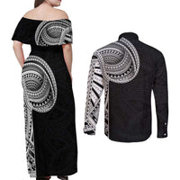 Samoan Art Tattoo Polynesian Pattern Couples Matching Off Shoulder Maxi Dress and Long Sleeve Button Shirt LT03 - Polynesian Pride