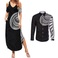 Samoan Art Tattoo Polynesian Pattern Couples Matching Summer Maxi Dress and Long Sleeve Button Shirt LT03 Black - Polynesian Pride