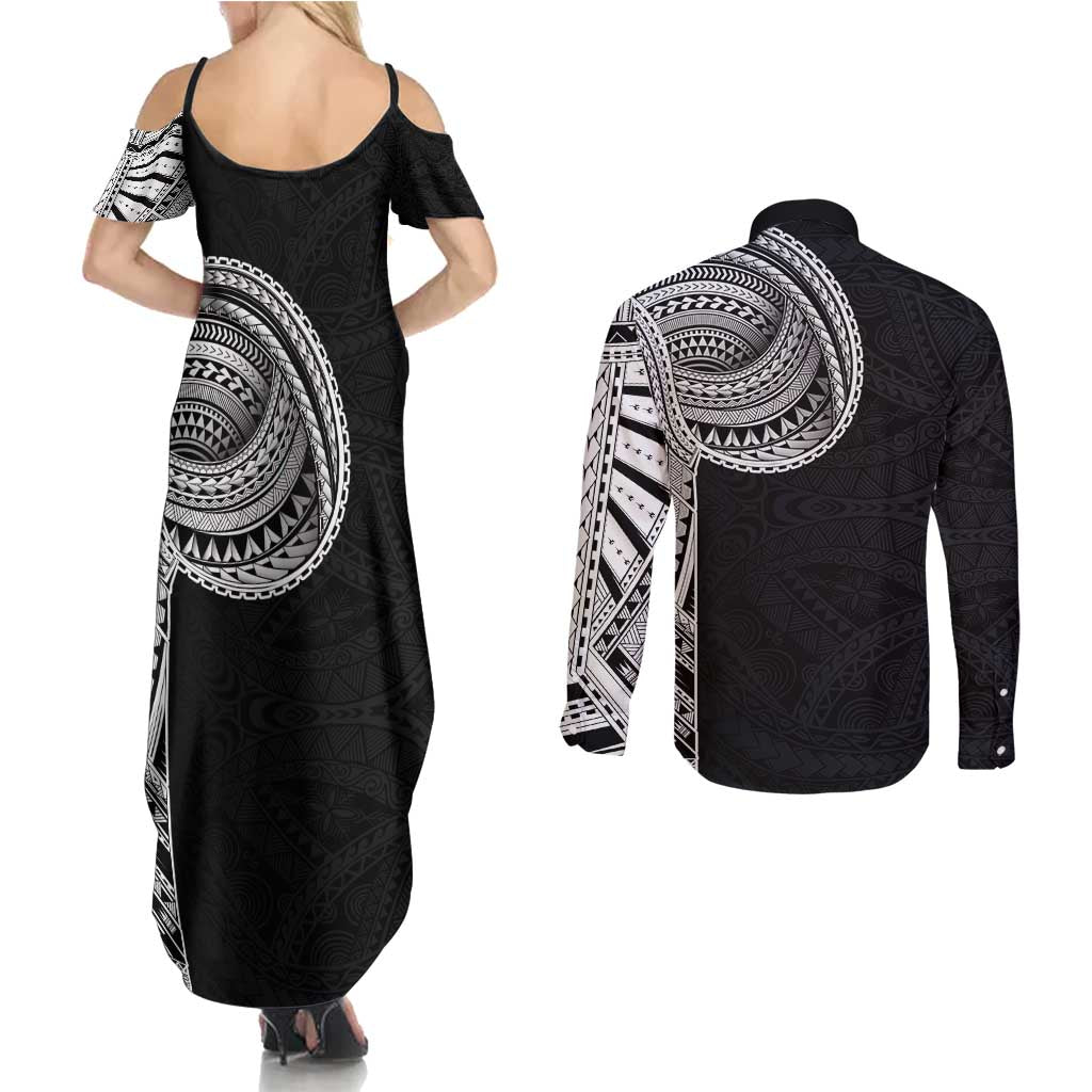 Samoan Art Tattoo Polynesian Pattern Couples Matching Summer Maxi Dress and Long Sleeve Button Shirt LT03 - Polynesian Pride