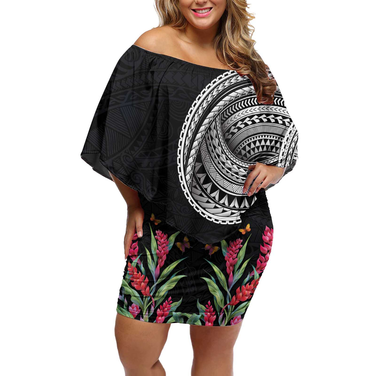 Samoan Art Tattoo Polynesian Pattern Off Shoulder Short Dress LT03 Women Black - Polynesian Pride