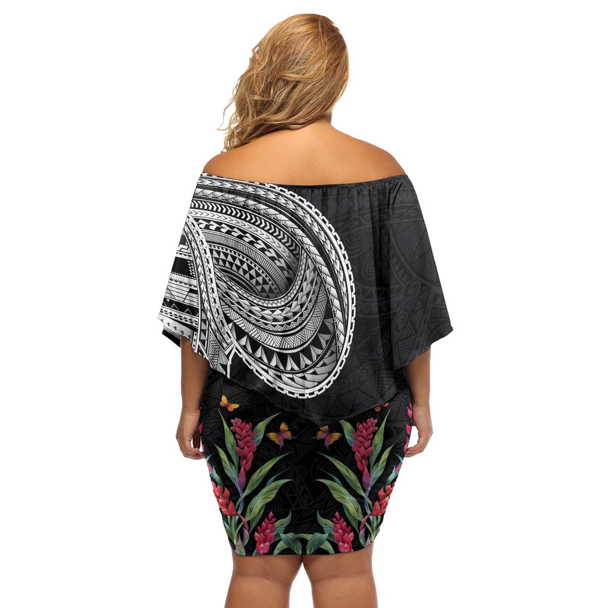 Samoan Art Tattoo Polynesian Pattern Off Shoulder Short Dress LT03 - Polynesian Pride