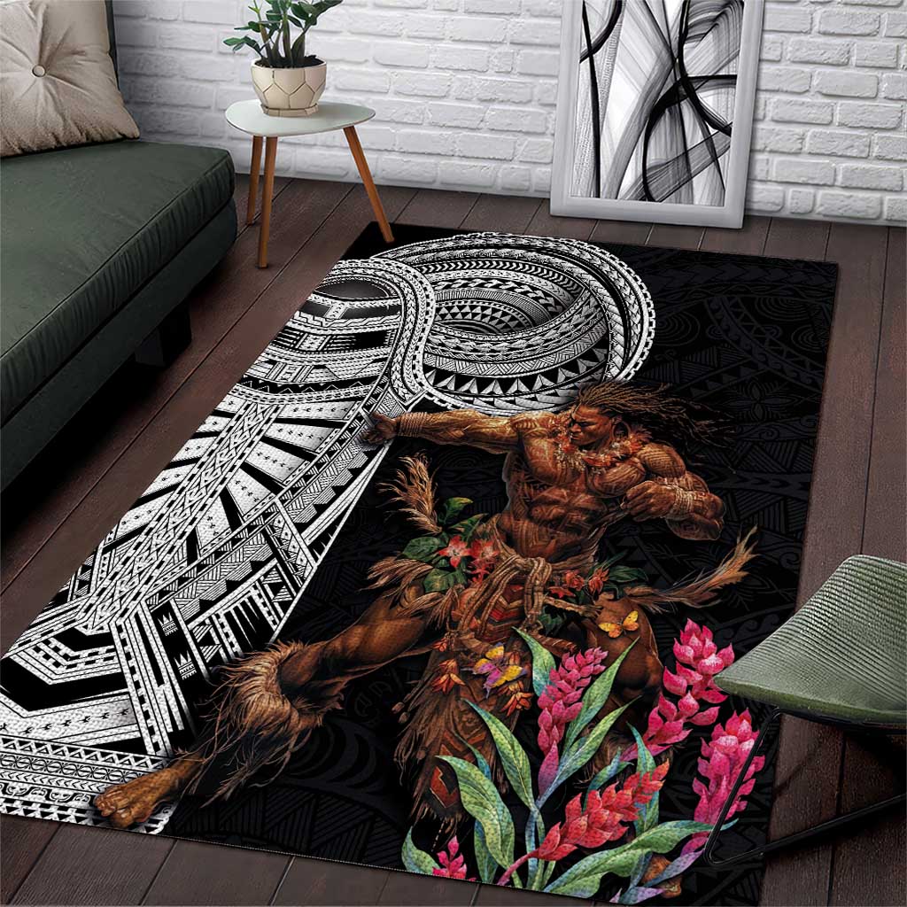 Samoan Warrior Art Tattoo Area Rug Polynesian Pattern and Teuila LT03 Black - Polynesian Pride