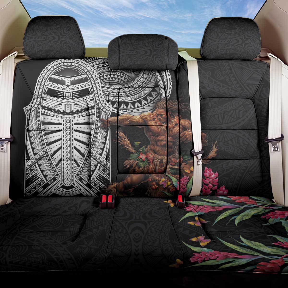 Samoan Warrior Art Tattoo Back Car Seat Cover Polynesian Pattern and Teuila LT03 One Size Black - Polynesian Pride