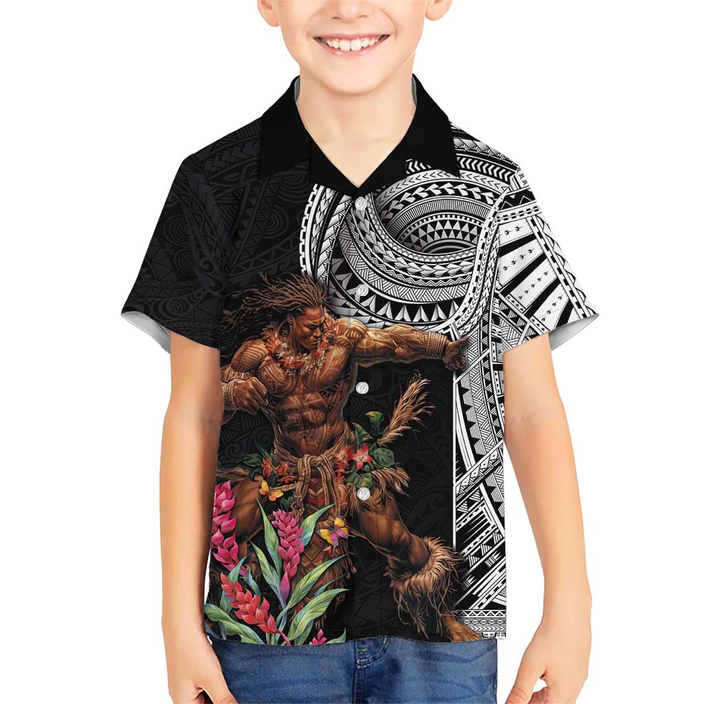 Samoan Warrior Art Tattoo Kid Hawaiian Shirt Polynesian Pattern and Teuila LT03 Kid Black - Polynesian Pride