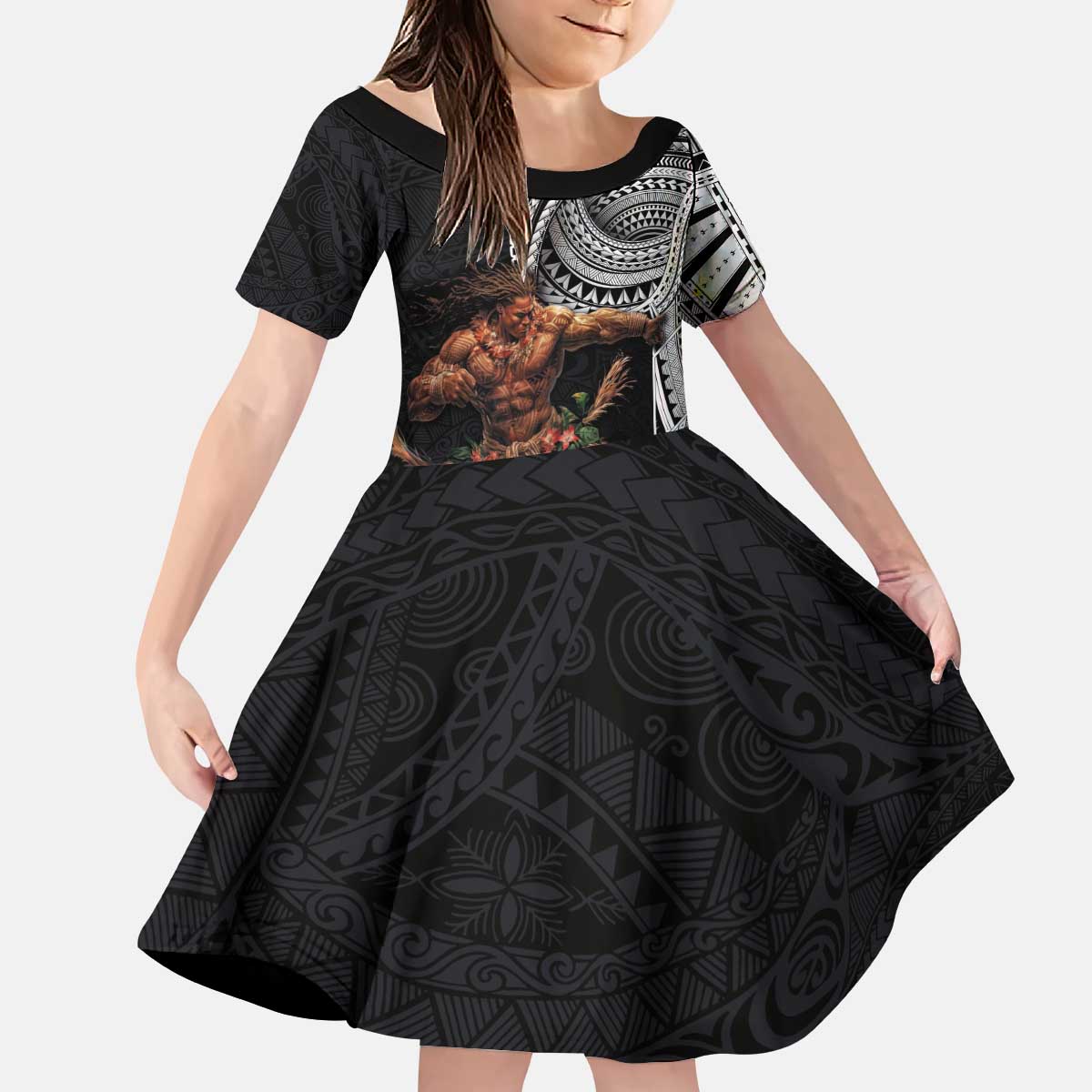 Samoan Warrior Art Tattoo Kid Short Sleeve Dress Polynesian Pattern and Teuila LT03 KID Black - Polynesian Pride