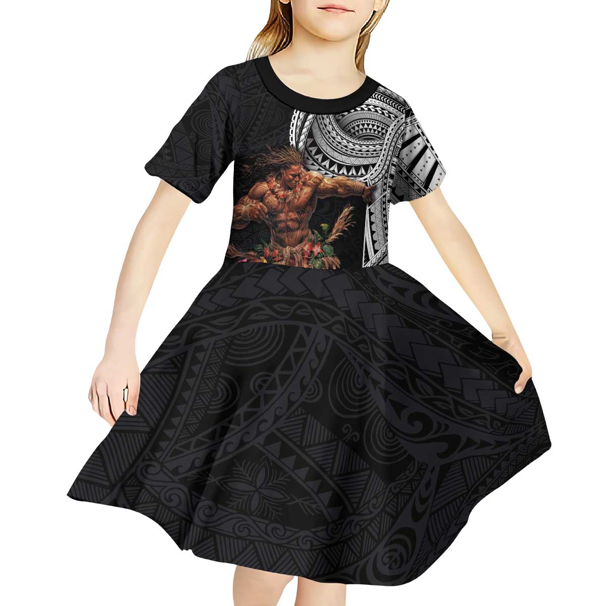 Samoan Warrior Art Tattoo Kid Short Sleeve Dress Polynesian Pattern and Teuila LT03 - Polynesian Pride