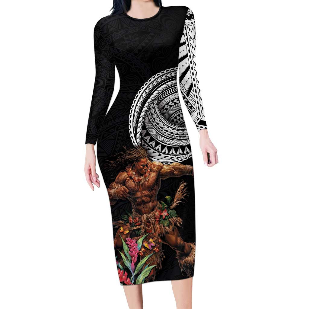 Samoan Warrior Art Tattoo Long Sleeve Bodycon Dress Polynesian Pattern and Teuila LT03 Long Dress Black - Polynesian Pride